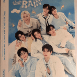 Group of seven young men posing together for a blue-toned promotional photo, wearing pastel outfits, with 'Over the Brain' text in the background; stars decorate the backdrop.