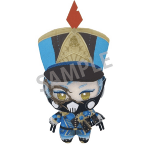 Chibi plush toy in blue military outfit with a tall hat, black cap, red plume, and a white skull mask with yellow eyes.