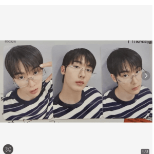 Three photo booth portraits of a young man with short black hair and glasses, wearing a black-and-white striped shirt.