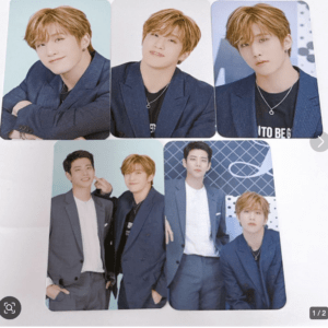 Glossy photocards showing several young men in matching blue suits posing for a photoshoot.
