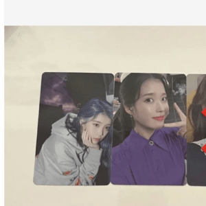 Three portrait photo cards on a pale background: left shows a blue-haired person in a gray hoodie, middle shows a woman in a purple blouse posing.