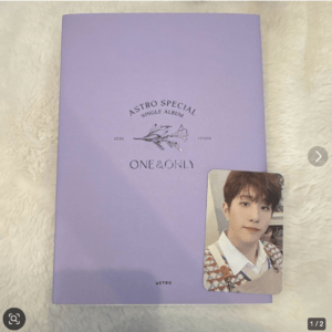 Purple Astro Special Single Album cover with 'ONE&ONLY' text and a small photo card of a member placed on the lower right