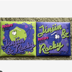 Two colorful square album covers lying on a carpet: a bright green cover with a cartoon green blob and bold handwritten text; a purple-blue cover with a similar cartoon and large graffiti-style text, both showing playful, goofy characters and the words Vacation and Staycation.