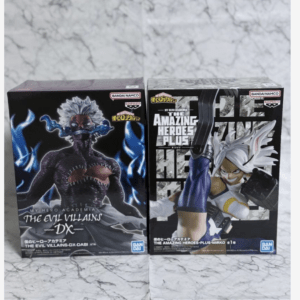 Two boxed My Hero Academia figures on a marble surface, left 'The Evil Villains DX' and right 'The Amazing Heroes-Plus'.)  Articulos Japan (Post Box Japan)