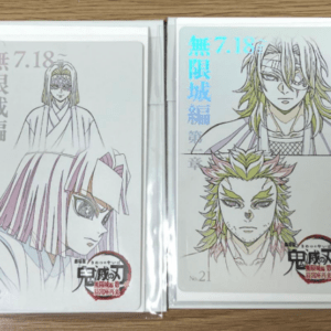 Two Demon Slayer manga volumes in plastic sleeves; left cover shows a pale, masked man, right cover shows two characters with elaborate hair styles.