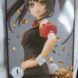 Box for a Kurumi Tokisaki figure from Fecha A Live — Glitter & Glamours; black dress, red shoulder piece, gold confetti background.