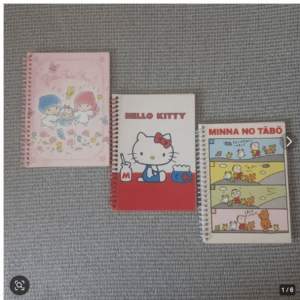 Three spiral notebooks featuring Hello Kitty, Little Twin Stars, and Minna no Tabo on a gray textured surface, arranged in a row.