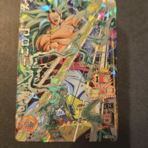 Holographic Dragon Ball trading card showing a muscular green-haired Saiyan wielding a glowing blade in action.