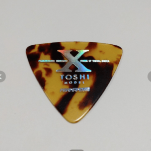Tortoiseshell-pattern guitar pick with a large X logo and the word 'TOSHI' in metallic letters.