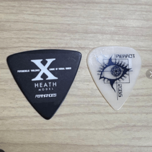 Two guitar picks on a wood surface: a black pick with a large white 'X' and 'HEATH MODEL' text, and a white pick with a blue geometric eye design.