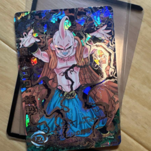 Holographic Dragon Ball trading card showing a bald, muscular fighter with pale skin, orange sleeveless vest and blue pants in a dynamic fighting pose with energy around him.