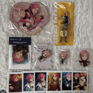 Kohaku Oukawa merchandise collection: illustrated standee, packaged figure, and assorted cards on fabric background.