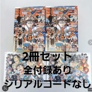 Two manga volumes with bright orange covers and two large illustrated books laid on a light surface; overlaid Japanese text reads '2冊セット 全付録あり シリアルコードなし' (2-book set, all extras included, no serial codes).