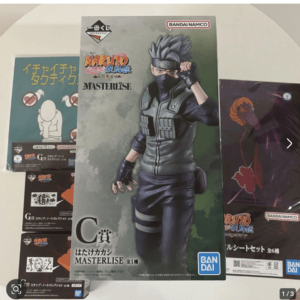 Boxed Naruto Masterlise figure prominently displayed, featuring a ninja in dark gear with headband and mask; Bandai Namco branding visible on the box margins.