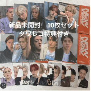 Ten glossy photo cards featuring a male idol group, arranged in a collage, advertising a new unopened 10-card set with Tower Records bonus.