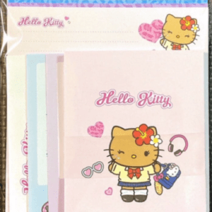 Hello Kitty-themed stationery set with a pink folder showing Hello Kitty holding a bag and heart, plus pastel divider sheets behind.