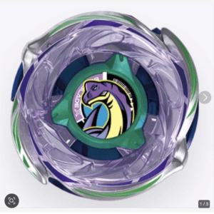 Beyblade Burst spinning top with a transparent pink-purple outer ring, green core, and a dragon emblem at the center.