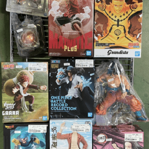 Shelf display of boxed anime figures in plastic packaging on a metal grid rack, arranged in rows and columns.