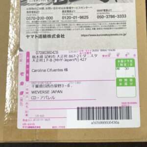 Cardboard box with a pink/white Japanese shipping label showing sender and recipient (Carolina Cifuentes), a barcode, and delivery fields.