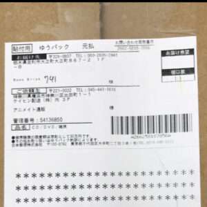 White shipping label with Japanese text and a barcode attached to a brown cardboard box.