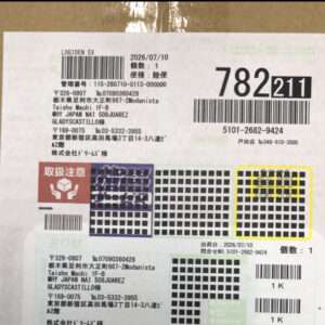 Two Japanese shipping labels stuck on a brown cardboard box, with barcodes, tracking numbers, and grid-pattern security stamps.