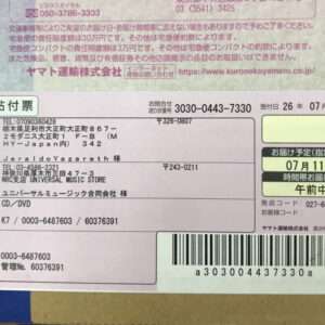 A Japanese delivery label with recipient address, sender info, and a barcode on a pink shipping sticker subploted on a blue box.