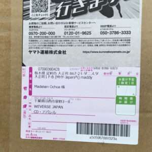 Shipping label on a brown cardboard box: recipient Madelein Ochoa, Japanese address, barcode/tracking numbers, and a pink address section; top area includes a QR code and bold Japanese printing.