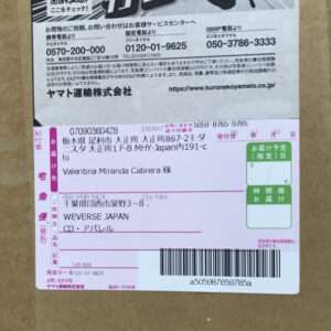 Box with a pink Japanese shipping label showing sender/recipient fields and a barcode on a cardboard package, text legible in parts