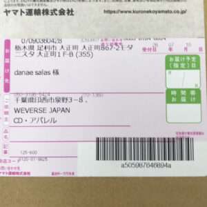 Parcel shipping label on a cardboard box with recipient and sender blocks, a barcode, and small delivery date fields in Japanese.