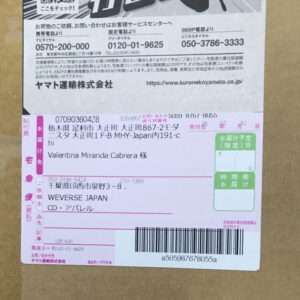 Shipping label on a brown cardboard box with Japanese text, recipient name Valentina Miranda Cabrera, and a barcode at the bottom.
