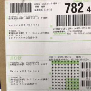 Shipping label on a cardboard box showing sender and recipient addresses, barcodes, and shipment date.