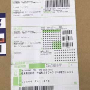 Japanese shipping label on a box with multiple barcodes, green text, and recipient Luque Yuliana's name.