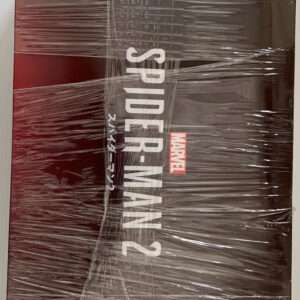 Vertical view of a Marvel Spider-Man 2 box sealed in clear shrink wrap, standing upright.