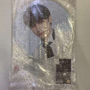 Framed portrait of a man in a suit, bubble-wrapped inside a shipping package.