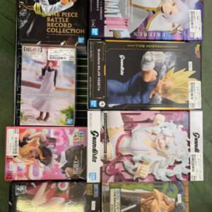 Box for One Piece Battle Record Collection figure on a store shelf in black packaging with a character image on front.