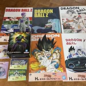 Dragon Ball poster set spread on a wooden floor, including six large posters and assorted merch boxes.