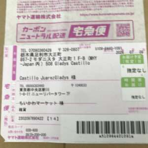 Front of a Japanese delivery label with pink borders, containing sender/recipient info, a barcode, and a large 宅急便 box logo.