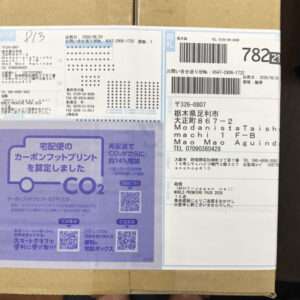 Cardboard box top with Japanese shipping labels, barcodes, and a purple CO2 advertisement sticker on the left side.