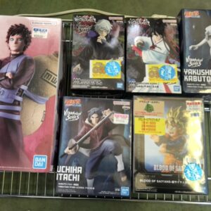 Display of Naruto and anime character figurine boxes on a retail wire shelf, including Masterlise figures and Blood of Saiyans boxes