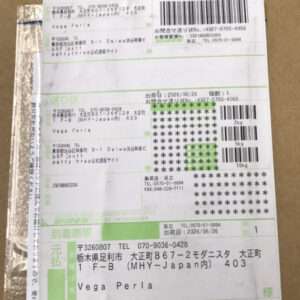Shipping label on a cardboard box with multiple barcodes, green highlights, and Japanese text; recipient name Vega Perla visible.