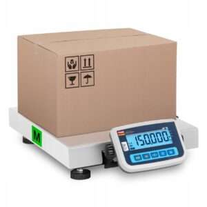 Electronic shipping scale with a large cardboard box on the weighing platform.