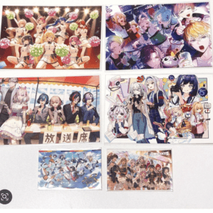 Collage of six anime posters with groups of cheerful characters in concert, cafe, and cosplay scenes.