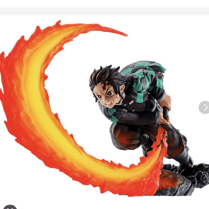 Action figure of Tanjiro Kamado from Demon Slayer swinging a blazing orange arc.