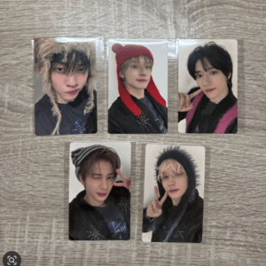 Five photo cards showing a young man in different winter outfits, arranged on a wooden surface.