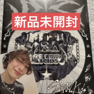 Brand-new, unopened Stray Kids merchandise box with a red '新品未開封' sticker and a small pasted photo of a smiling person in the corner.