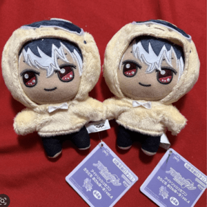 Two beige plush dolls with silver hair and red eyes in fluffy cream hoodies, posed side by side on a red background with tags attached.