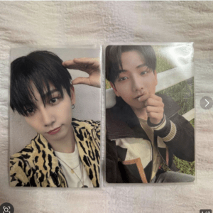 Two photo cards showing a young man with black hair in different outfits: left card in a leopard-print jacket, right card in a striped jacket posing outdoors.