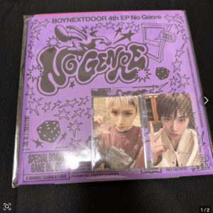 Purple Boynextdoor 4th EP 'No Genre' album cover with star doodles, dice, and two photo inserts of group members on the lower right.