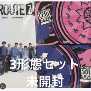 Collage poster featuring two bold album covers and a line of seven boys, with large Japanese text reading '3形態セット 未開封' indicating a 3‑disc set unopened.