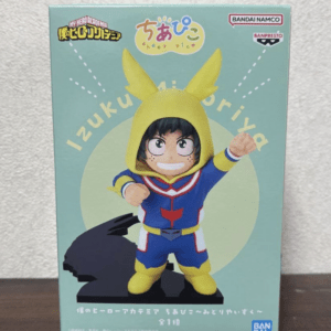 Boxed chibi-style figure of Izuku Midoriya wearing a yellow bunny hood and blue costume, posed with a raised fist on a light teal box background.